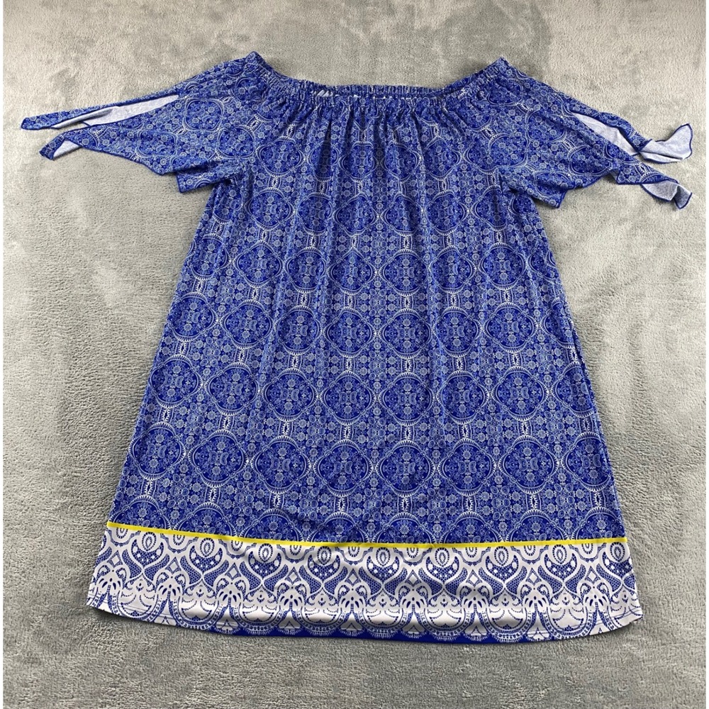 Tacera Womens Blue White Medallion Tile Print Off Shoulder Tie Sleeve Dress L